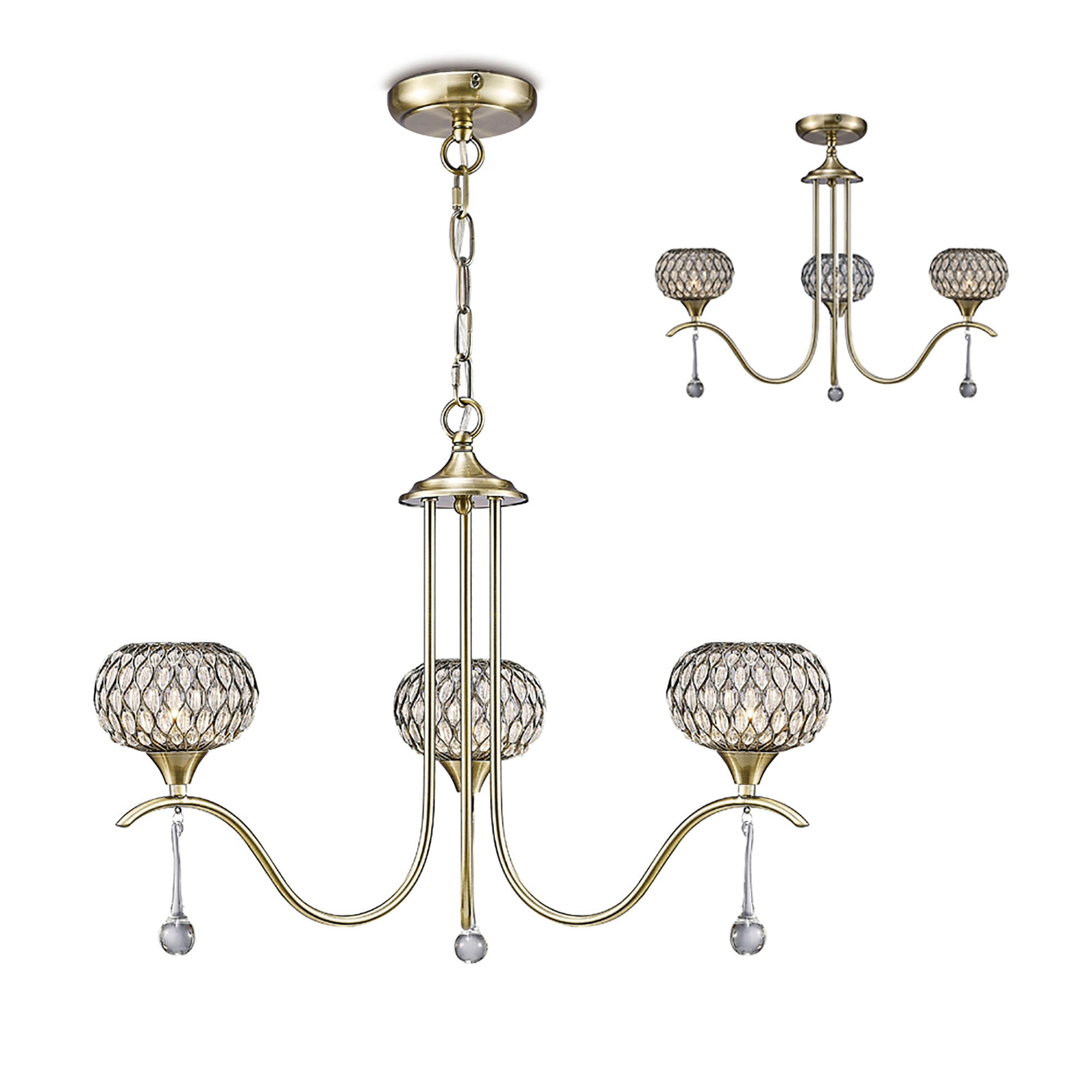 Chelsie Antique Brass Ceiling Lights Diyas Multi Arm Fittings